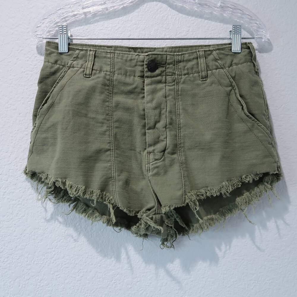 Free People Women's Frayed Hem Denim Shorts High Rise Raw Standoff Moss Green 6